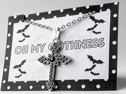 Handmade Black Diamante Crucifix Pendant Necklace / Chain