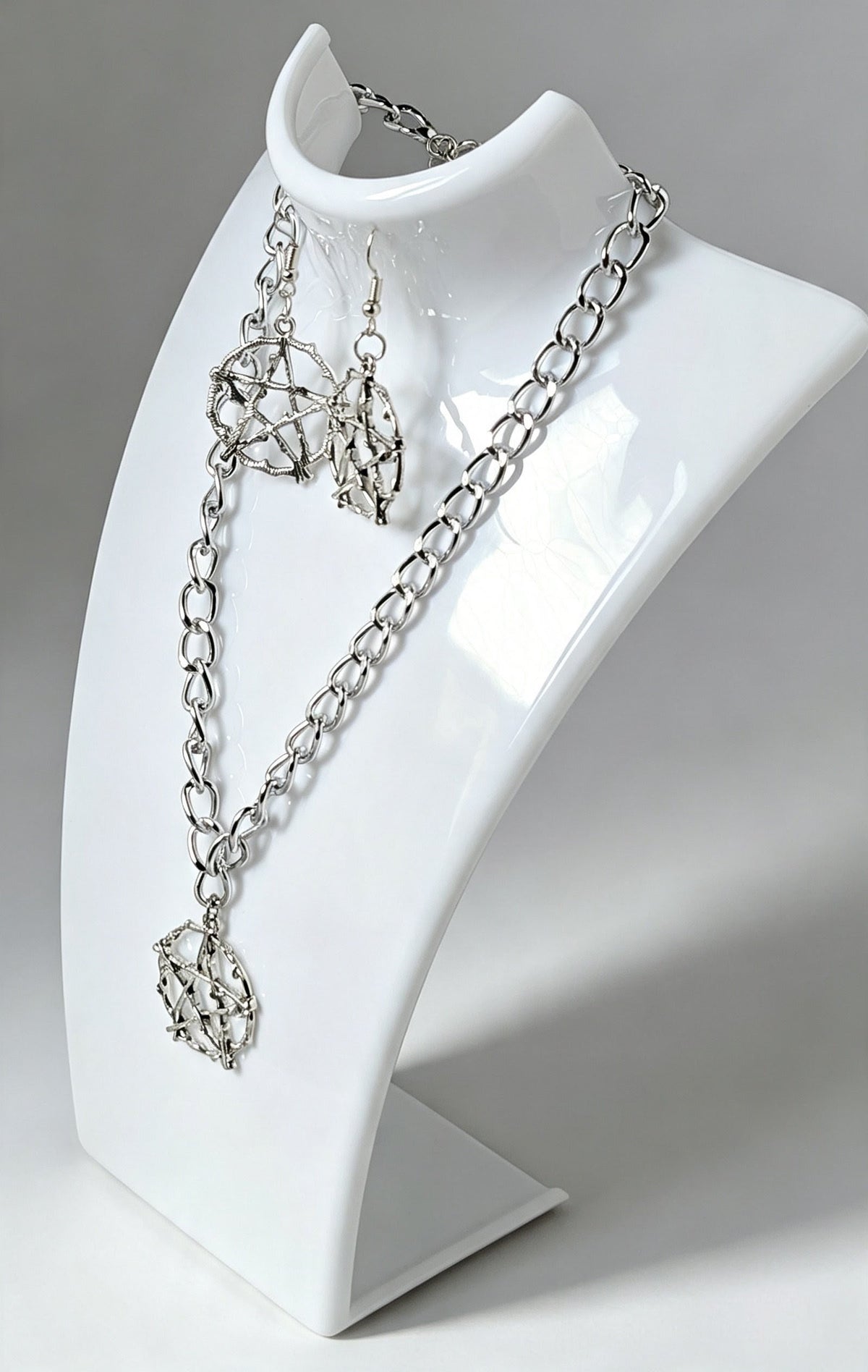 Handmade Silver Metal Pentagram Choker and Dangle Earrings Box Set - Gothic Ladies Gift