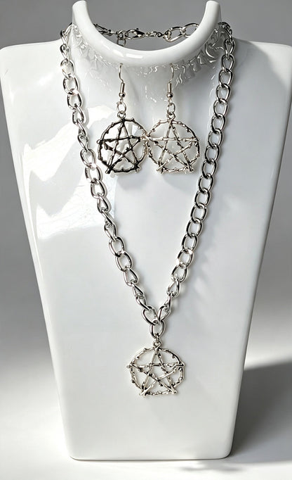 Handmade Silver Metal Pentagram Choker and Dangle Earrings Box Set - Gothic Ladies Gift