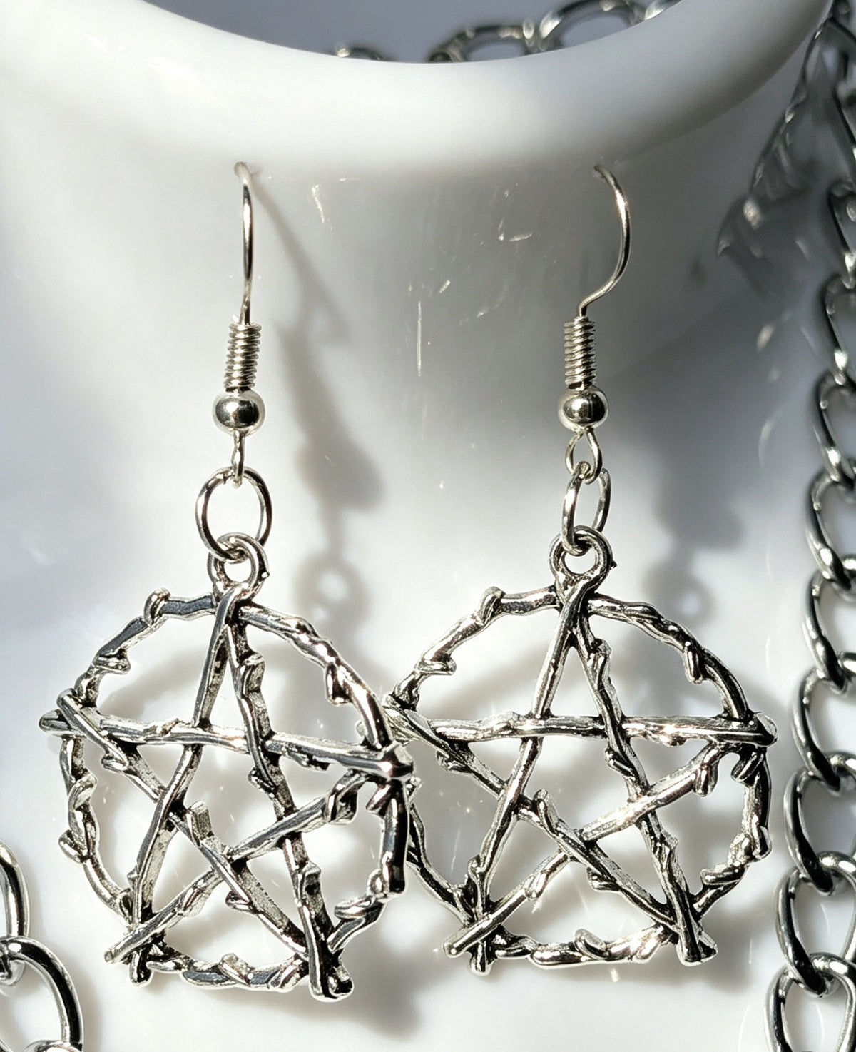 Handmade Silver Metal Pentagram Choker and Dangle Earrings Box Set - Gothic Ladies Gift