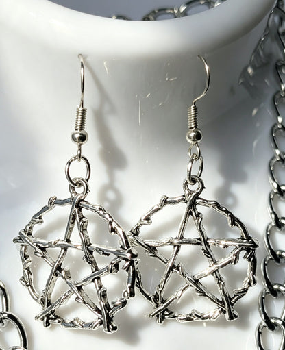 Handmade Silver Metal Pentagram Choker and Dangle Earrings Box Set - Gothic Ladies Gift
