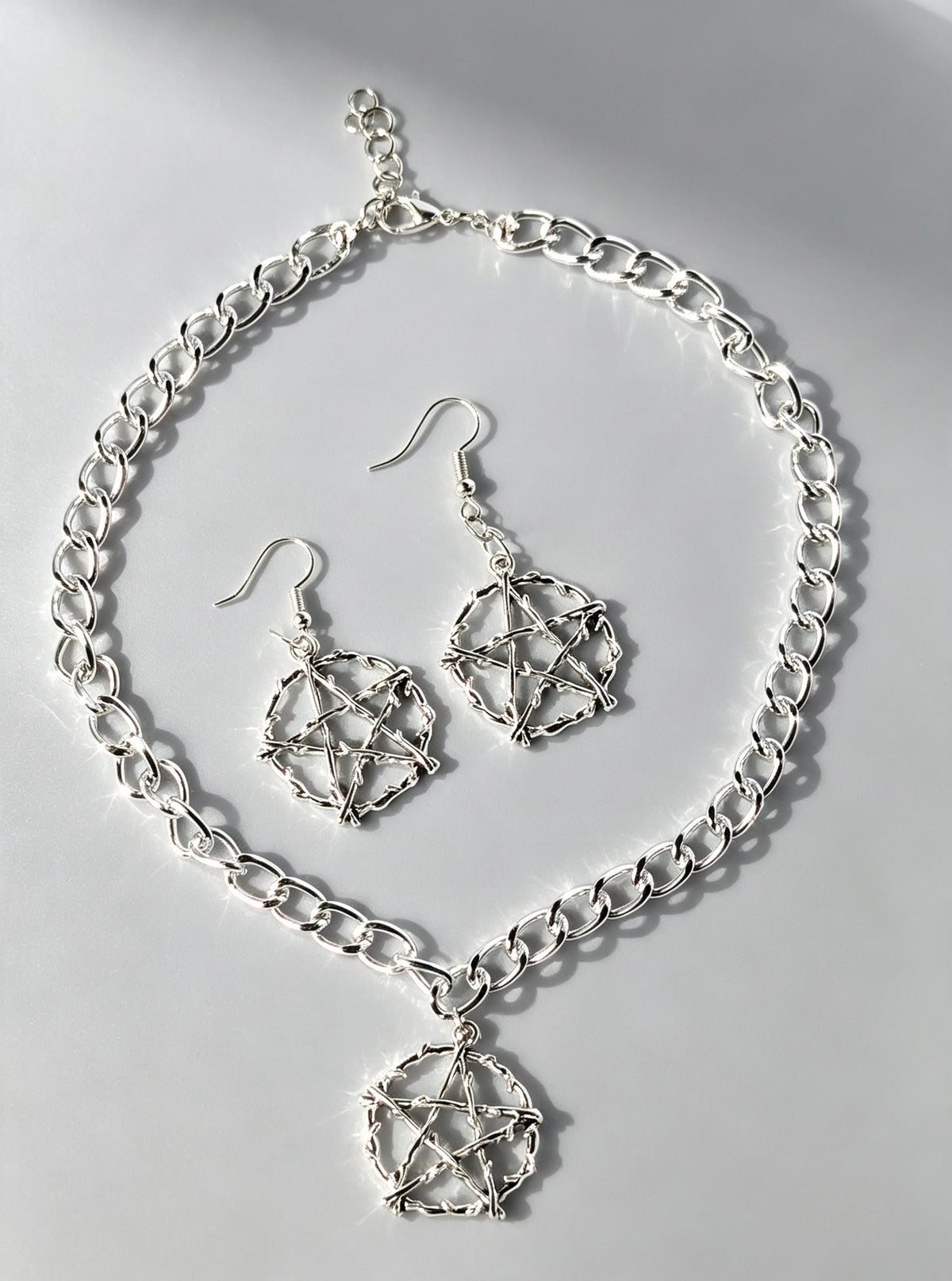Handmade Silver Metal Pentagram Choker and Dangle Earrings Box Set - Gothic Ladies Gift