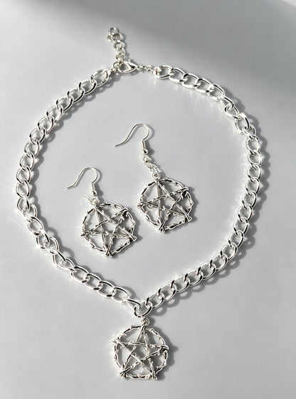 Handmade Silver Metal Pentagram Choker and Dangle Earrings Box Set - Gothic Ladies Gift