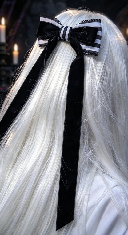 Dark Romance Layered Hair Bow Comb with Long Velvet Streamers - Gothic Hair Accessory