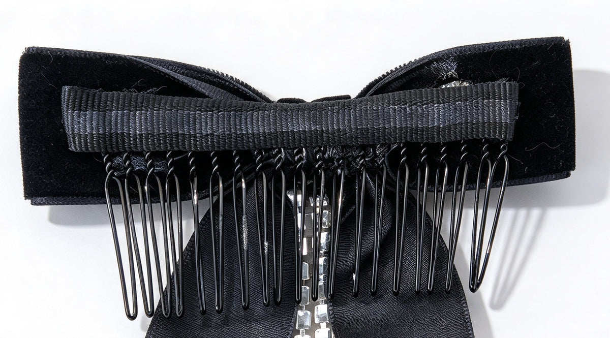 Black velvet and Diamante Hair Bow Comb with Long Streamers - Gothic Hair Accessory