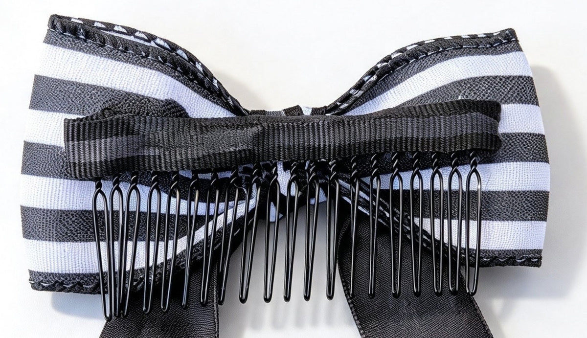 Dark Romance Layered Hair Bow Comb with Long Velvet Streamers - Gothic Hair Accessory