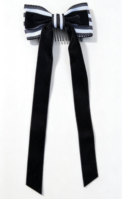 Dark Romance Layered Hair Bow Comb with Long Velvet Streamers - Gothic Hair Accessory