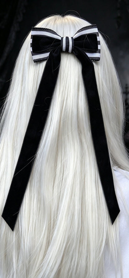 Dark Romance Layered Hair Bow Comb with Long Velvet Streamers - Gothic Hair Accessory