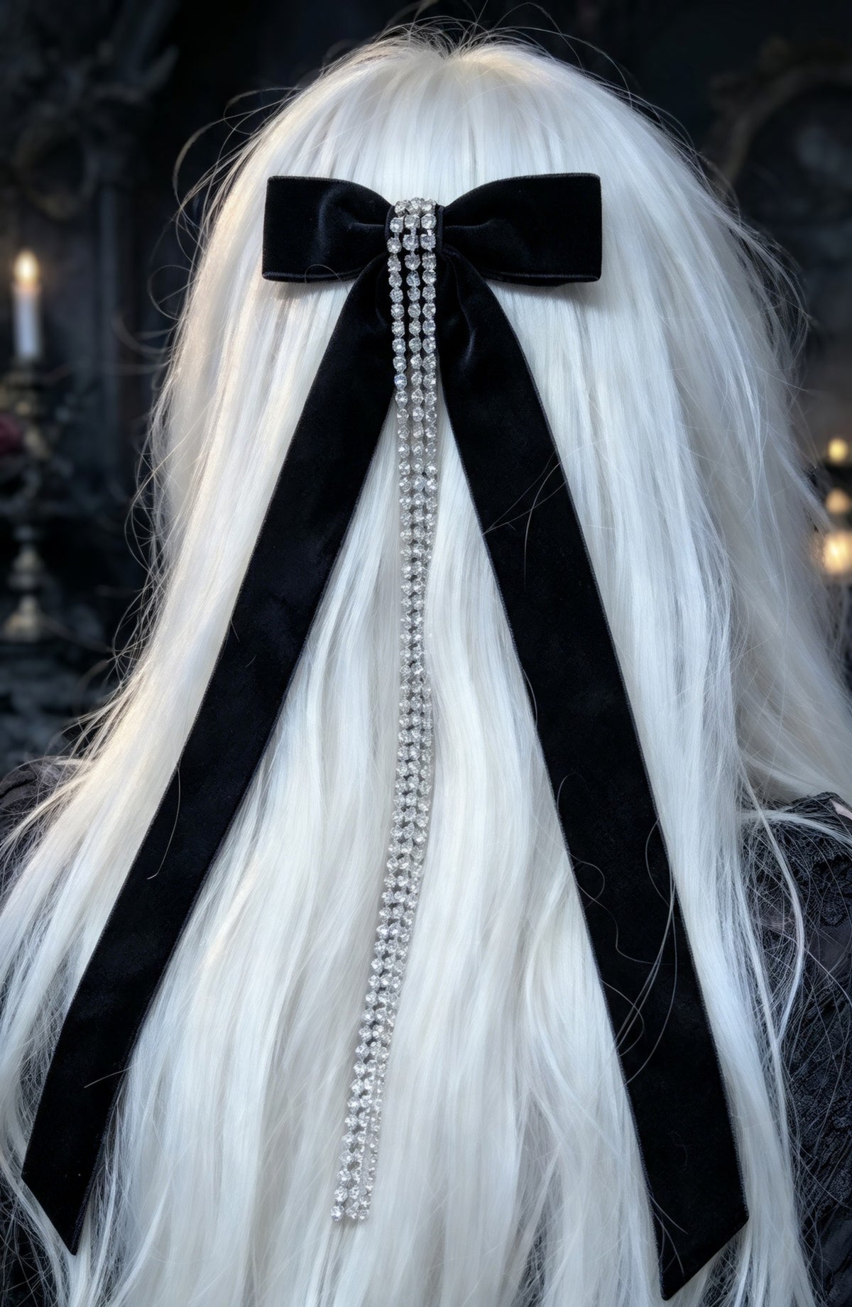 Black velvet and Diamante Hair Bow Comb with Long Streamers - Gothic Hair Accessory
