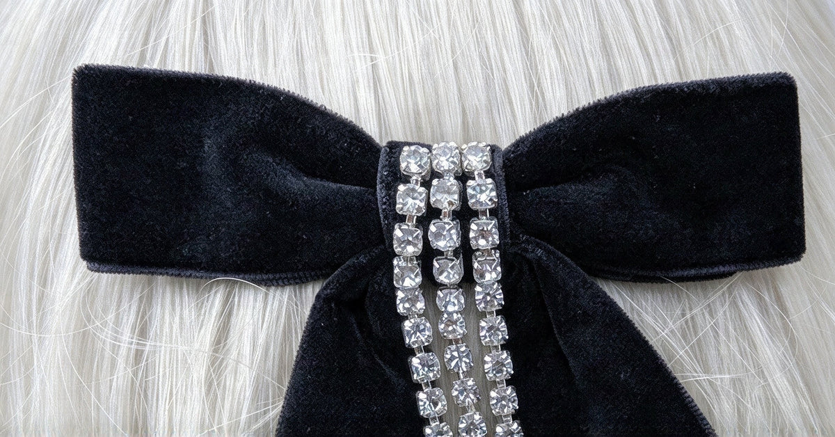 Black velvet and Diamante Hair Bow Comb with Long Streamers - Gothic Hair Accessory