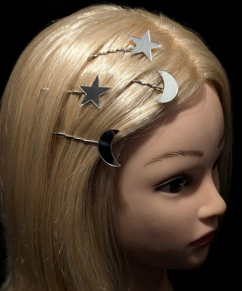 2 Pairs of Handmade Acrylic Mirror Moon and Stars Hair Slides. Gothic Accessories Gift - Oh My Gothness