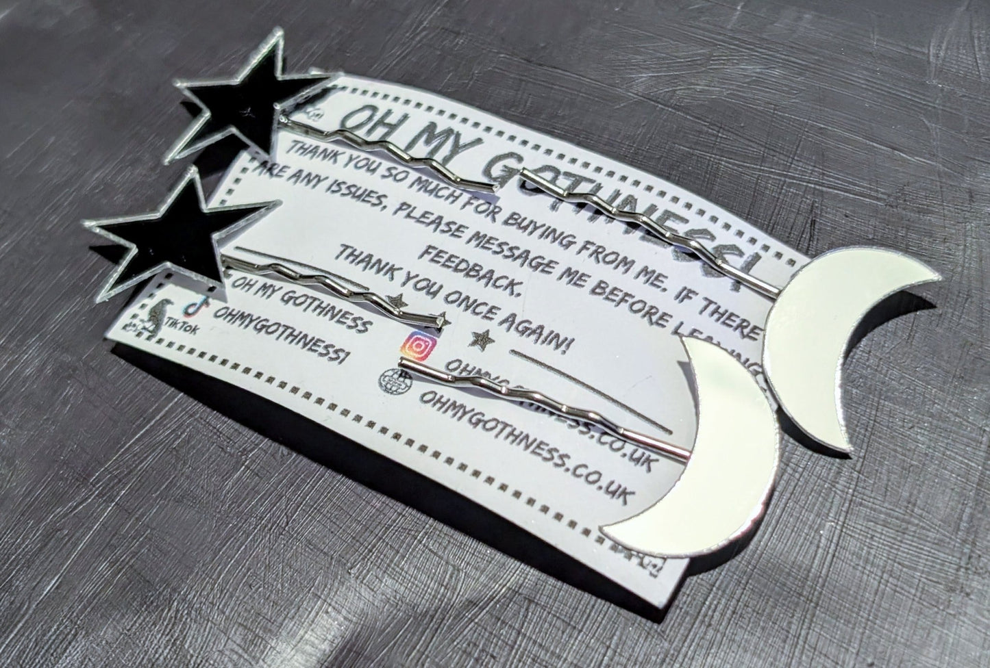2 Pairs of Handmade Acrylic Mirror Moon and Stars Hair Slides. Gothic Accessories Gift - Oh My Gothness