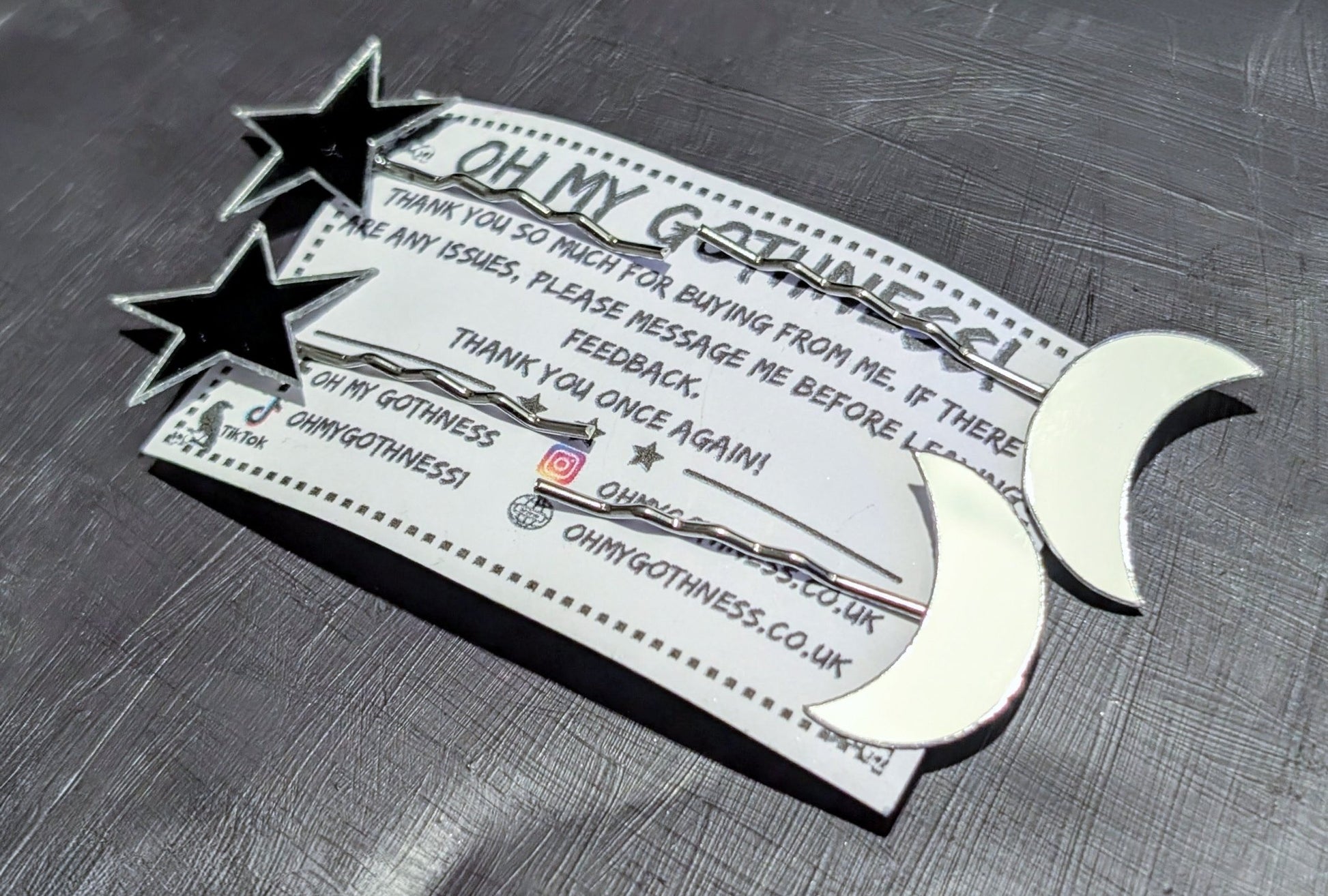2 Pairs of Handmade Acrylic Mirror Moon and Stars Hair Slides. Gothic Accessories Gift - Oh My Gothness