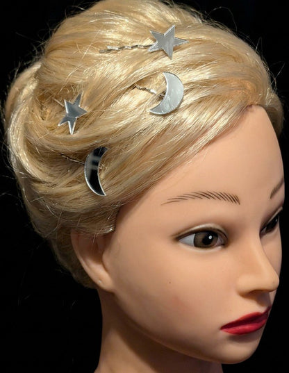 2 Pairs of Handmade Acrylic Mirror Moon and Stars Hair Slides. Gothic Accessories Gift - Oh My Gothness