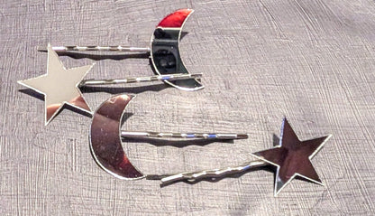 2 Pairs of Handmade Acrylic Mirror Moon and Stars Hair Slides. Gothic Accessories Gift - Oh My Gothness
