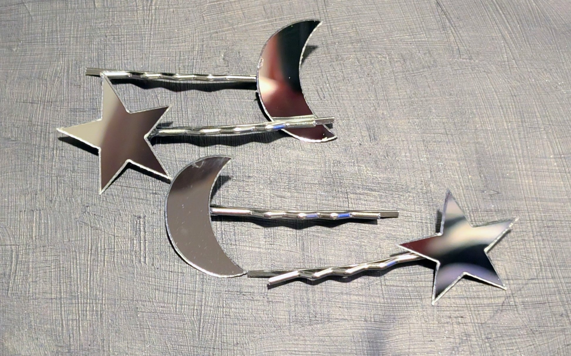 2 Pairs of Handmade Acrylic Mirror Moon and Stars Hair Slides. Gothic Accessories Gift - Oh My Gothness