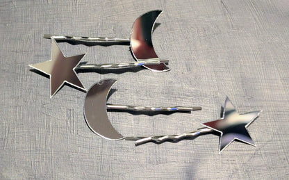2 Pairs of Handmade Acrylic Mirror Moon and Stars Hair Slides. Gothic Accessories Gift - Oh My Gothness