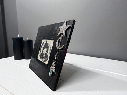 3.5" square black freestanding wooden photo picture frame silver glitter star hand made charm with turquoise drop gem moon + pentagram gift - Oh My Gothness