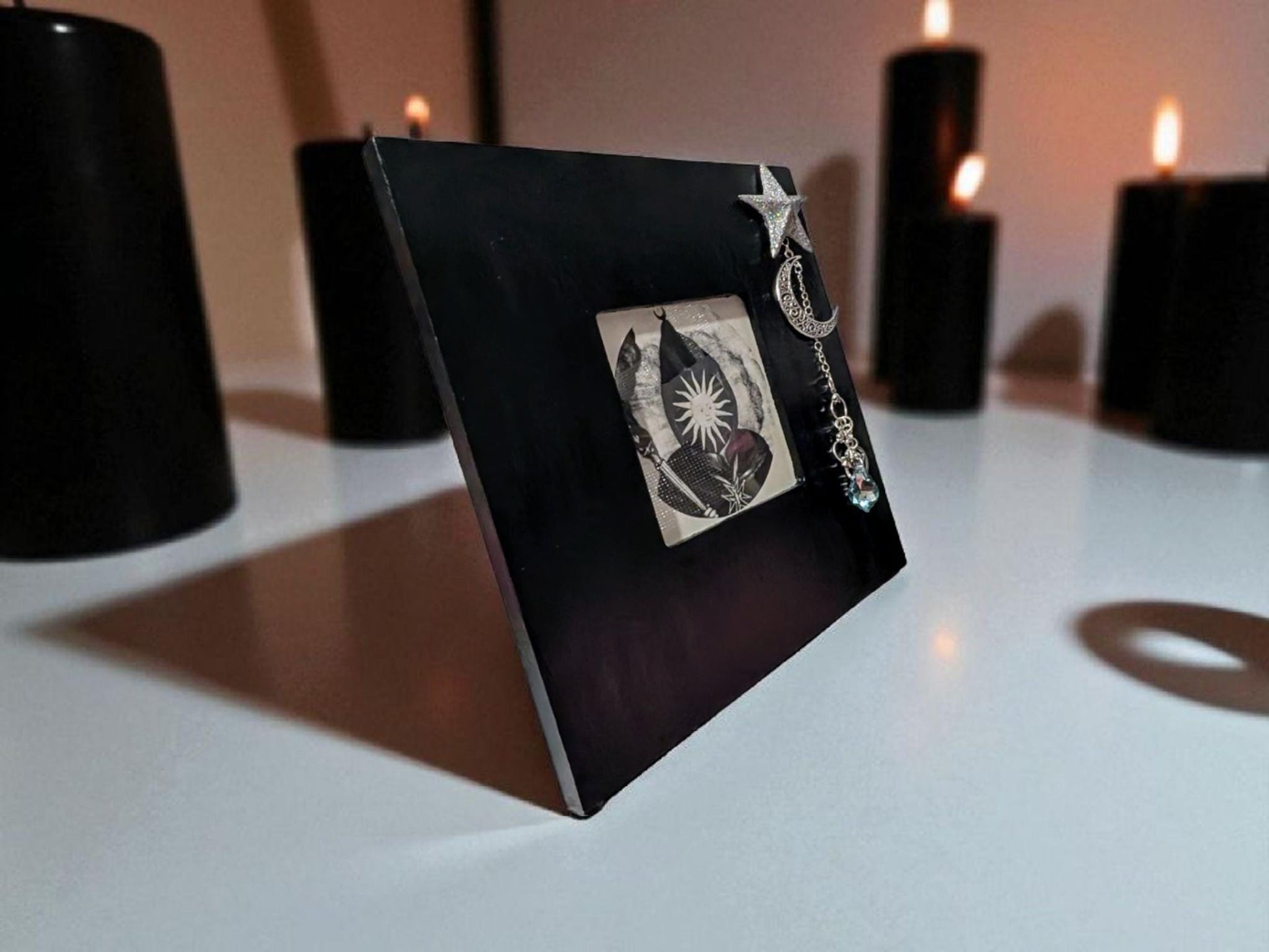 3.5" square black freestanding wooden photo picture frame silver glitter star hand made charm with turquoise drop gem moon + pentagram gift - Oh My Gothness
