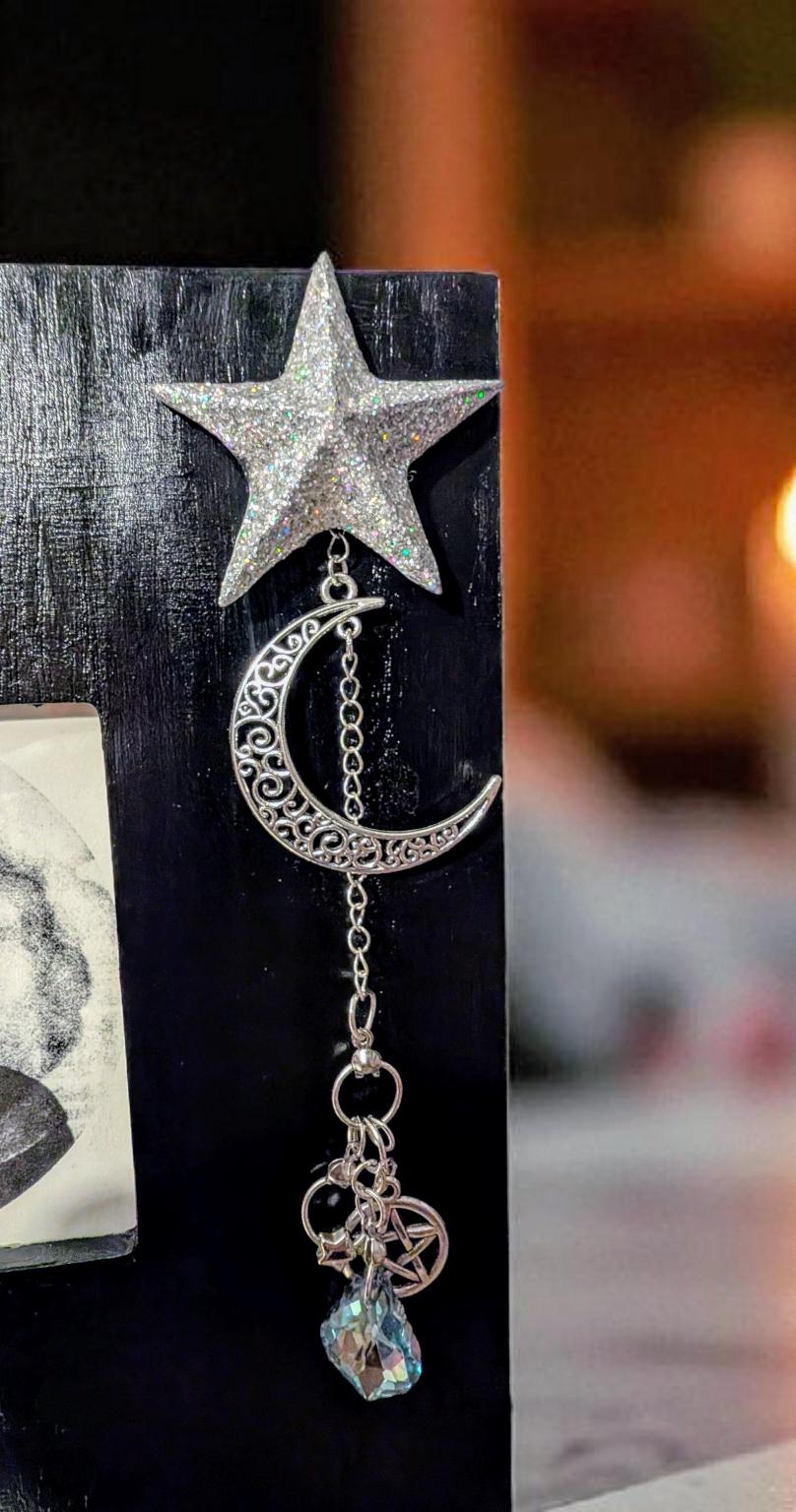 3.5" square black freestanding wooden photo picture frame silver glitter star hand made charm with turquoise drop gem moon + pentagram gift - Oh My Gothness