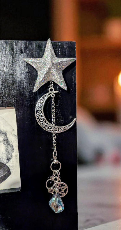3.5" square black freestanding wooden photo picture frame silver glitter star hand made charm with turquoise drop gem moon + pentagram gift - Oh My Gothness