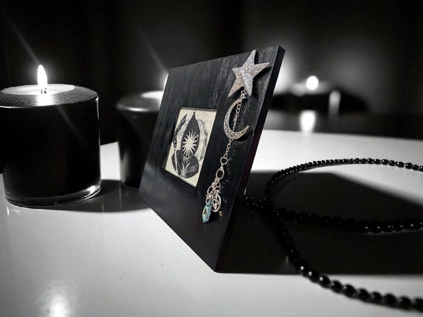3.5" square black freestanding wooden photo picture frame silver glitter star hand made charm with turquoise drop gem moon + pentagram gift - Oh My Gothness