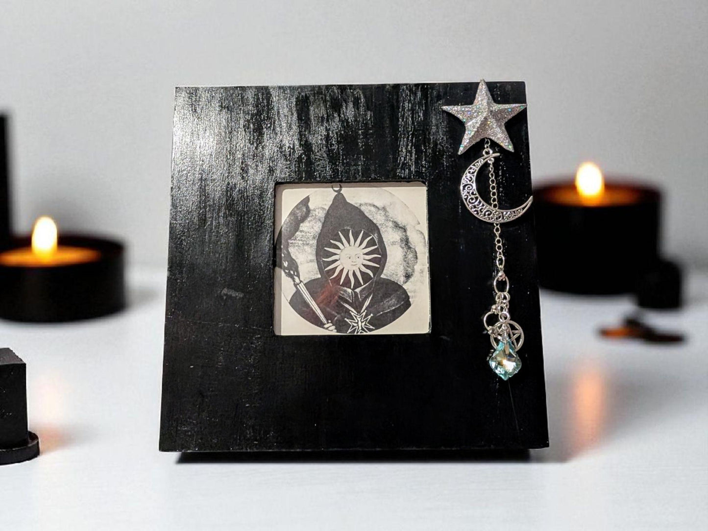3.5" square black freestanding wooden photo picture frame silver glitter star hand made charm with turquoise drop gem moon + pentagram gift - Oh My Gothness