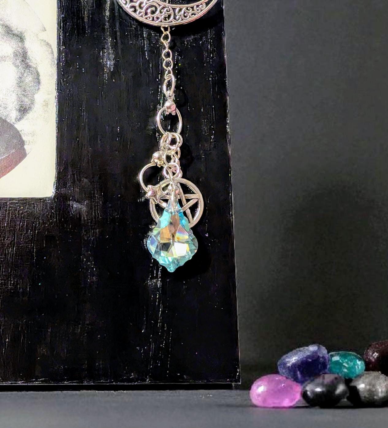 3.5" square black freestanding wooden photo picture frame silver glitter star hand made charm with turquoise drop gem moon + pentagram gift - Oh My Gothness
