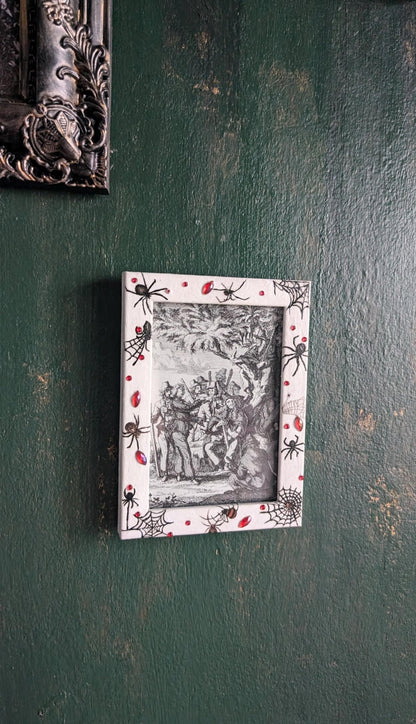 4 x 6" white wall hanging photo / picture frame adorned in red gems, spiders and webs. Gothic decor horror fan gift housewarming present - Oh My Gothness