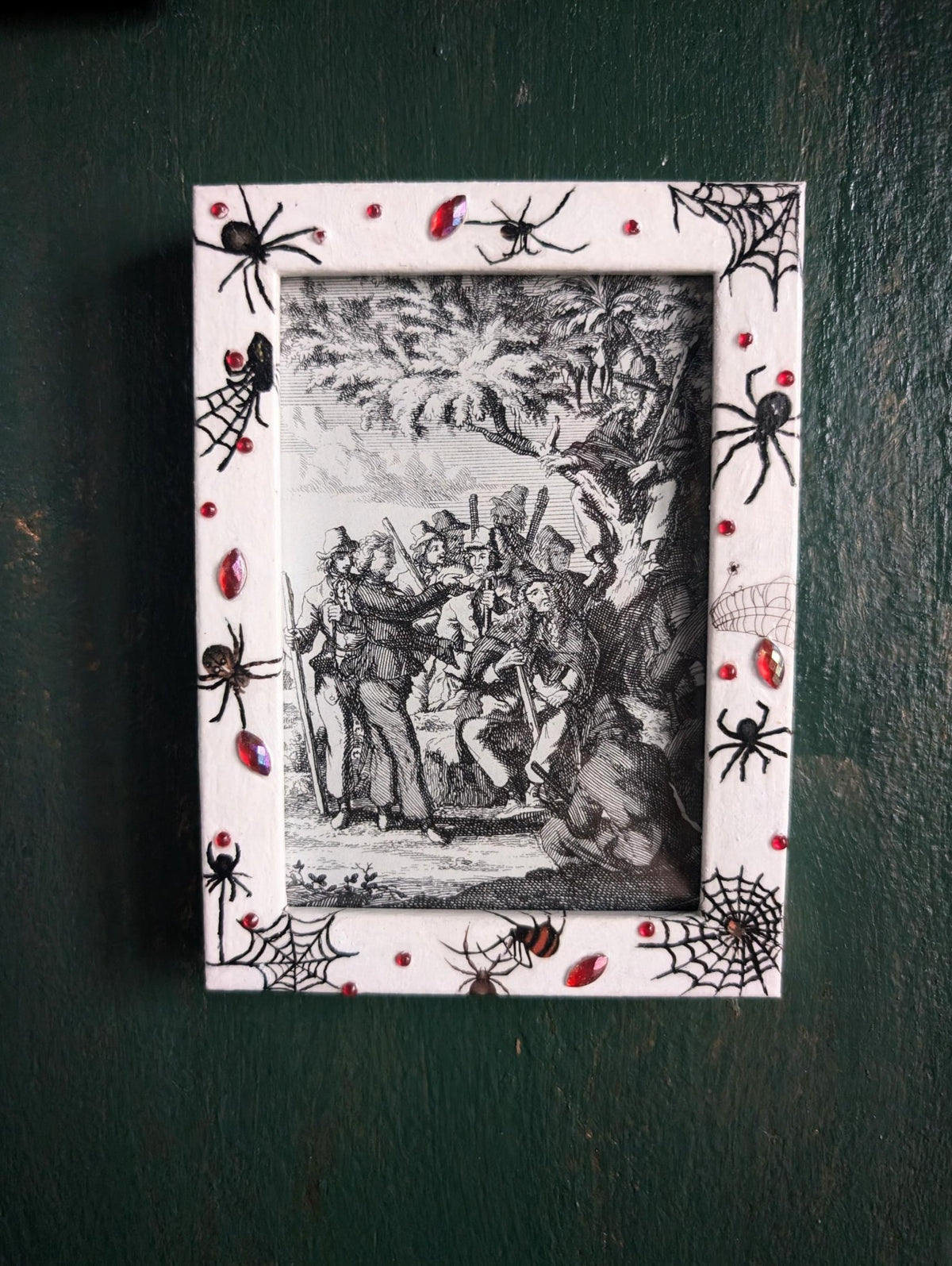 4 x 6" white wall hanging photo / picture frame adorned in red gems, spiders and webs. Gothic decor horror fan gift housewarming present - Oh My Gothness