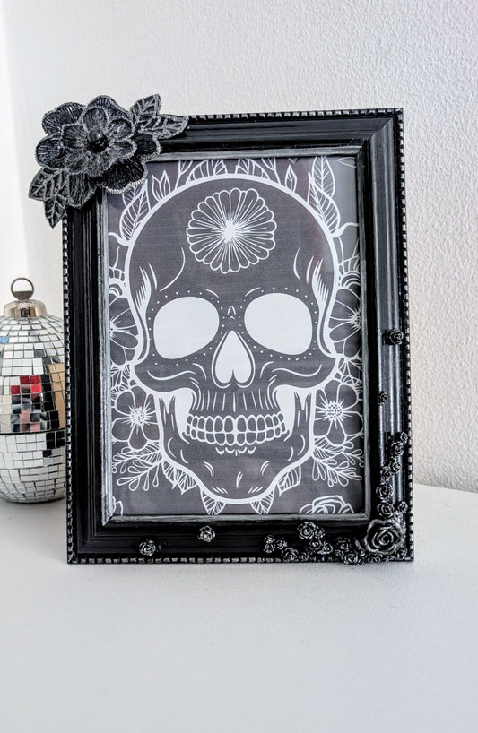 5 x 7" Portrait Picture Frame. Hand embellished with roses and flowers, in black Silver Shimmer. Gothic Home Decor - Oh My Gothness