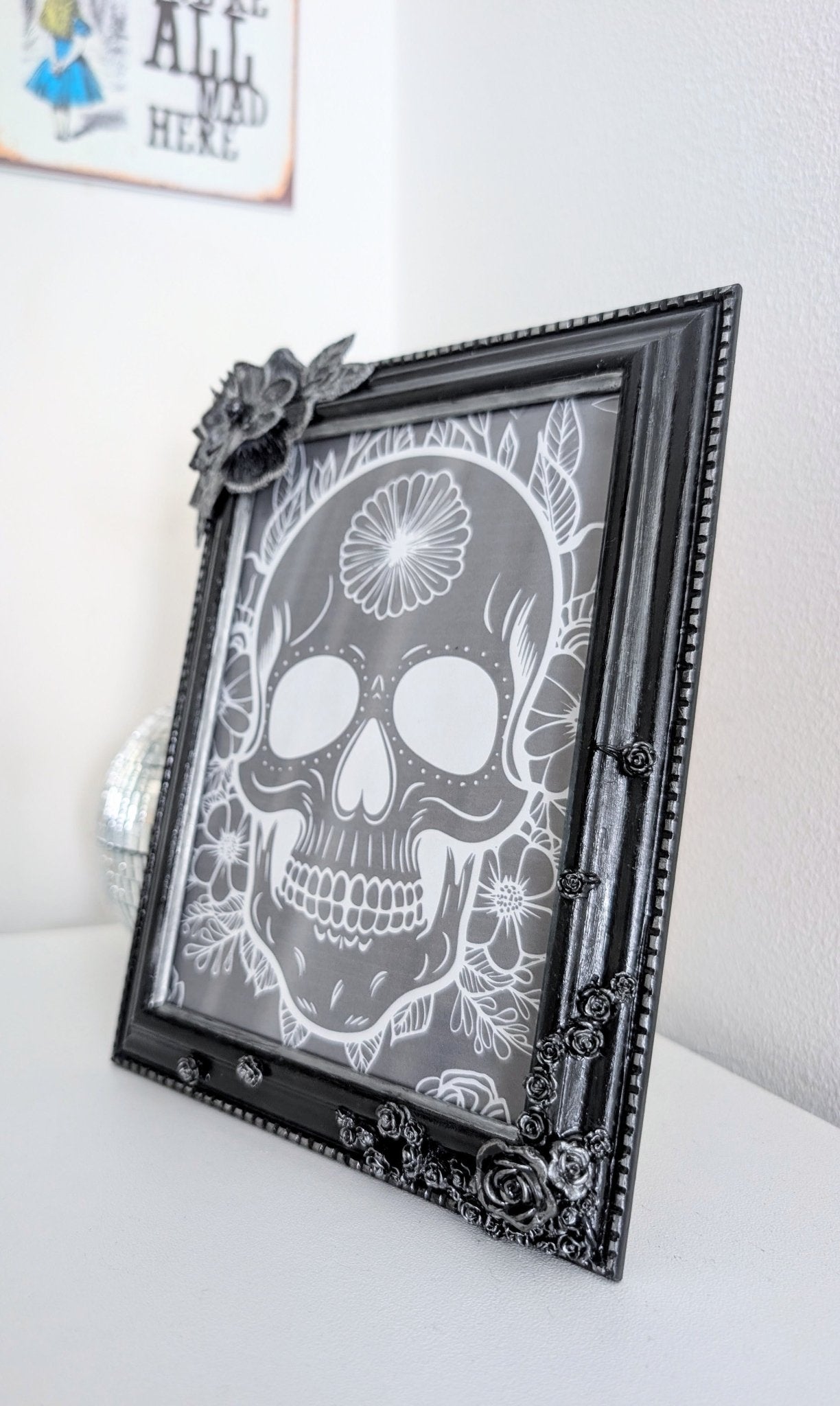 5 x 7" Portrait Picture Frame. Hand embellished with roses and flowers, in black Silver Shimmer. Gothic Home Decor - Oh My Gothness