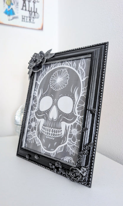 5 x 7" Portrait Picture Frame. Hand embellished with roses and flowers, in black Silver Shimmer. Gothic Home Decor - Oh My Gothness