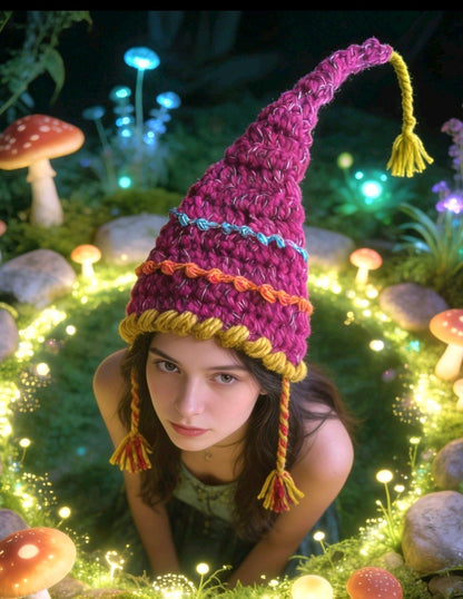 Handmade OOAK Chunky Wizard Fairy Pixie Hat Crochet Mustard Pink Blue Orange