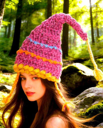 Handmade OOAK Chunky Wizard Fairy Pixie Hat Crochet Mustard Pink Blue Orange