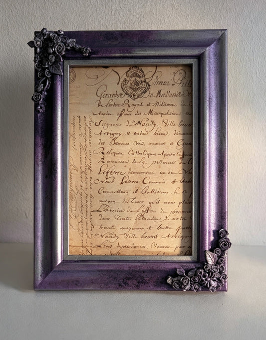 6 x 4" Picture Frame. Metallic Purple and Silver, with Roses, Spiders, Ribcage, and Foliage. - Oh My Gothness