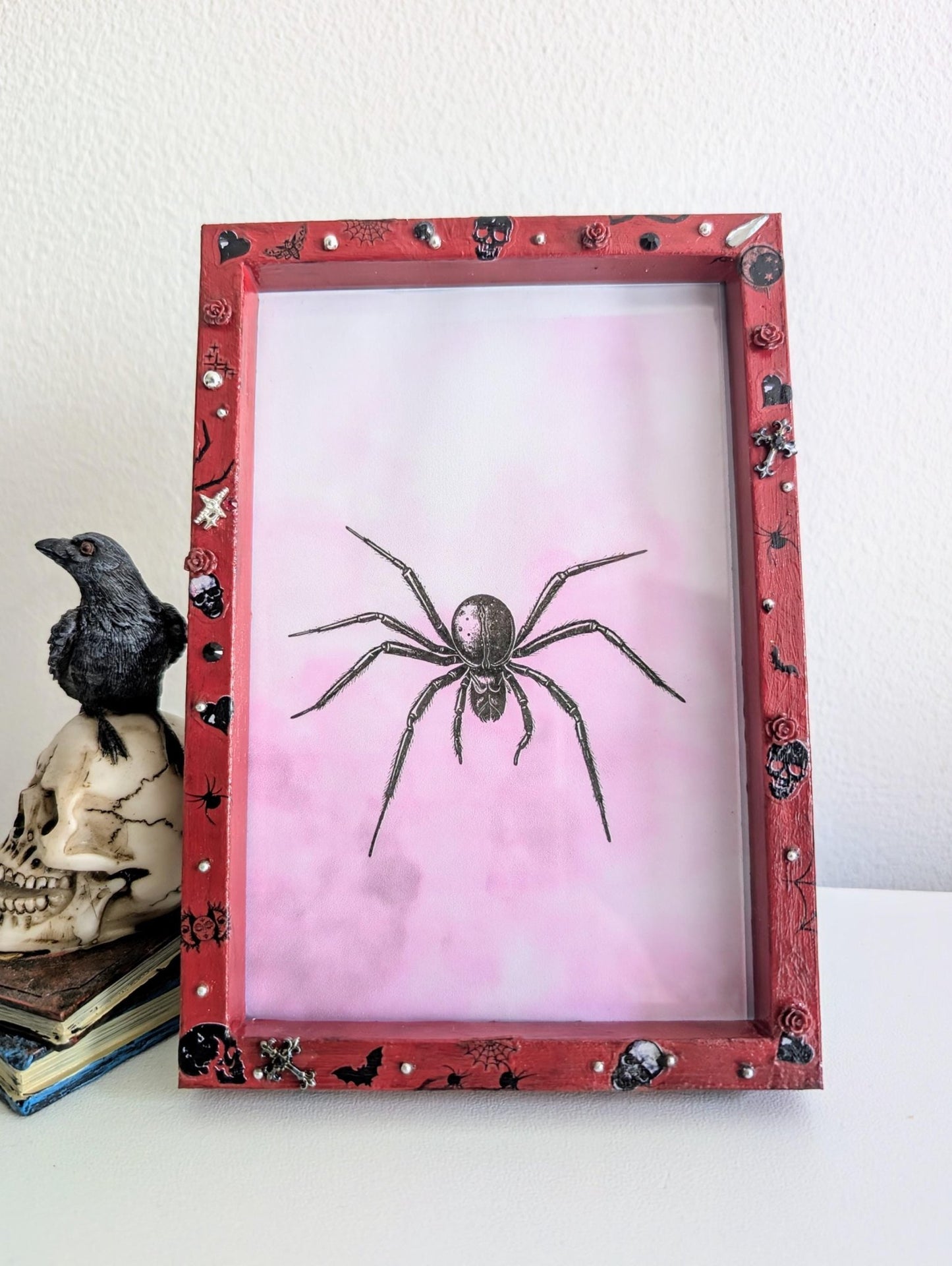 6 x 4" red deep wooden photo frame. Hand embellished+ painted gothic charms crosses skulls gems unusual funky gothic home decor gift inspo - Oh My Gothness