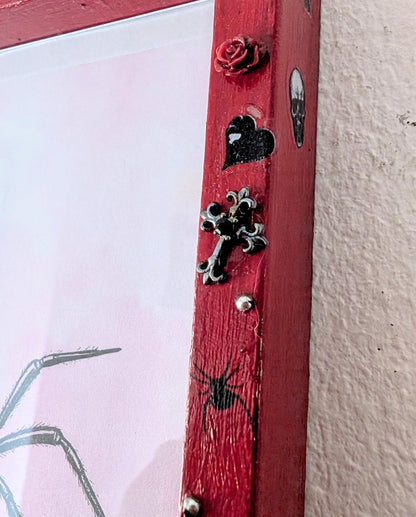 6 x 4" red deep wooden photo frame. Hand embellished+ painted gothic charms crosses skulls gems unusual funky gothic home decor gift inspo - Oh My Gothness
