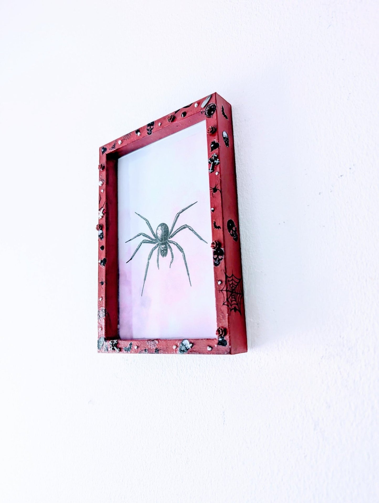 6 x 4" red deep wooden photo frame. Hand embellished+ painted gothic charms crosses skulls gems unusual funky gothic home decor gift inspo - Oh My Gothness