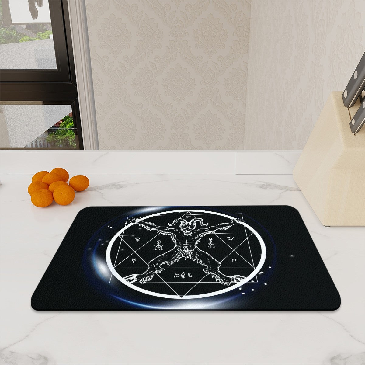 Large Black and white demon design, heatproof, tempered glass chopping board.