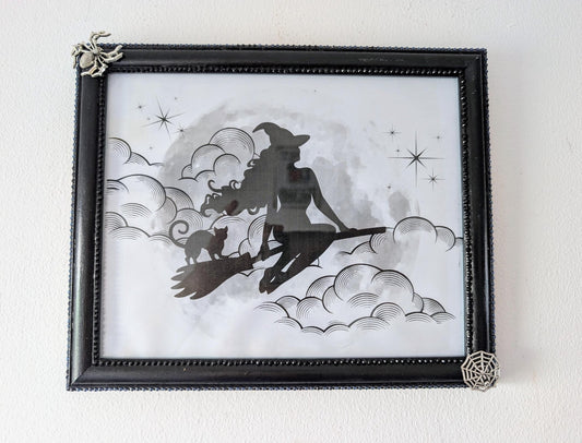 8 x 10" landscape gothic inspired picture photo frame hand painted black. Embellished with smokey blue/grey + black gems, spiders + cobweb - Oh My Gothness