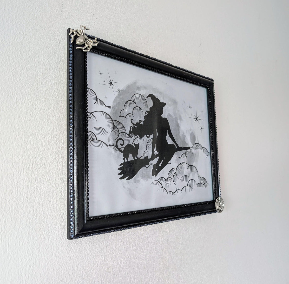 8 x 10" landscape gothic inspired picture photo frame hand painted black. Embellished with smokey blue/grey + black gems, spiders + cobweb - Oh My Gothness