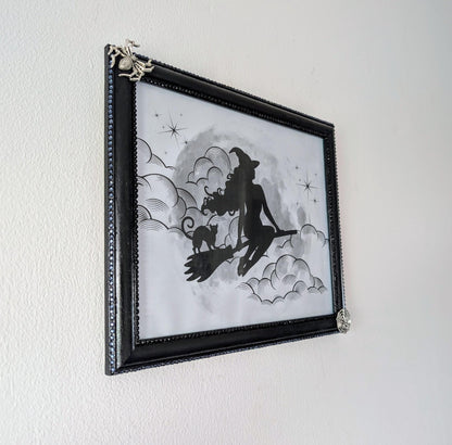8 x 10" landscape gothic inspired picture photo frame hand painted black. Embellished with smokey blue/grey + black gems, spiders + cobweb - Oh My Gothness