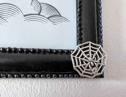 8 x 10" landscape gothic inspired picture photo frame hand painted black. Embellished with smokey blue/grey + black gems, spiders + cobweb - Oh My Gothness