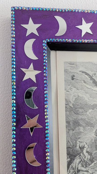 8 x 10" Portrait Wall Hanging Picture Frame. Hand Painted Metallic Purple and Embellished with Mirror Moon and Stars. Goth Home Decor Gift - Oh My Gothness