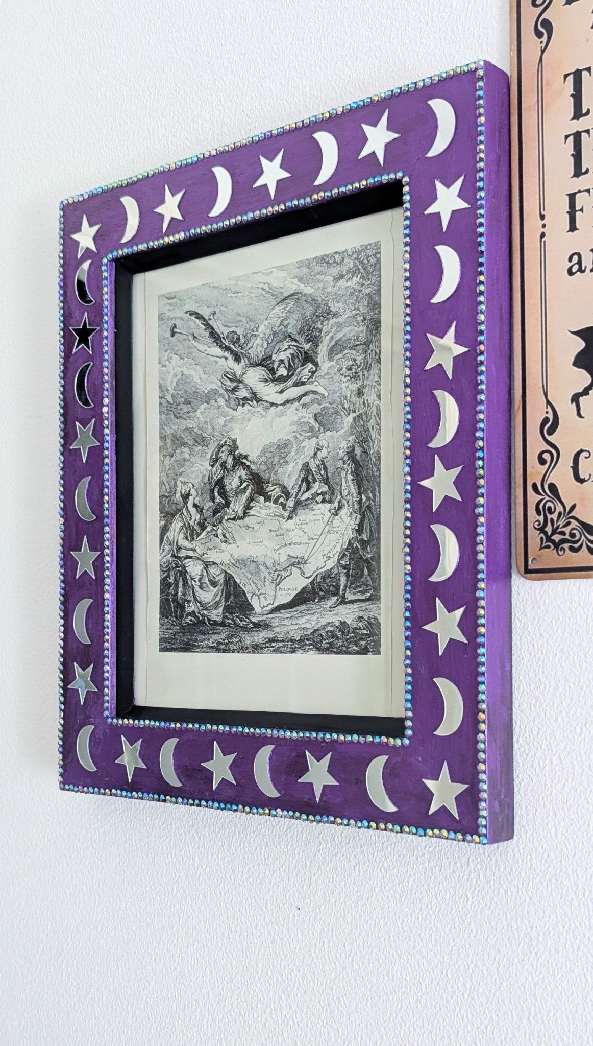 8 x 10" Portrait Wall Hanging Picture Frame. Hand Painted Metallic Purple and Embellished with Mirror Moon and Stars. Goth Home Decor Gift - Oh My Gothness