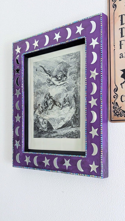 8 x 10" Portrait Wall Hanging Picture Frame. Hand Painted Metallic Purple and Embellished with Mirror Moon and Stars. Goth Home Decor Gift - Oh My Gothness
