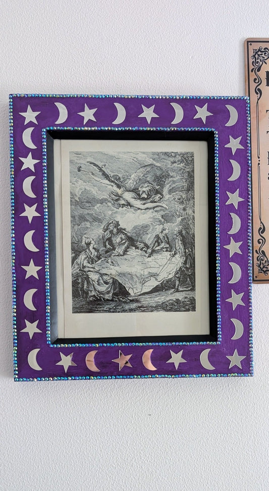 8 x 10" Portrait Wall Hanging Picture Frame. Hand Painted Metallic Purple and Embellished with Mirror Moon and Stars. Goth Home Decor Gift - Oh My Gothness