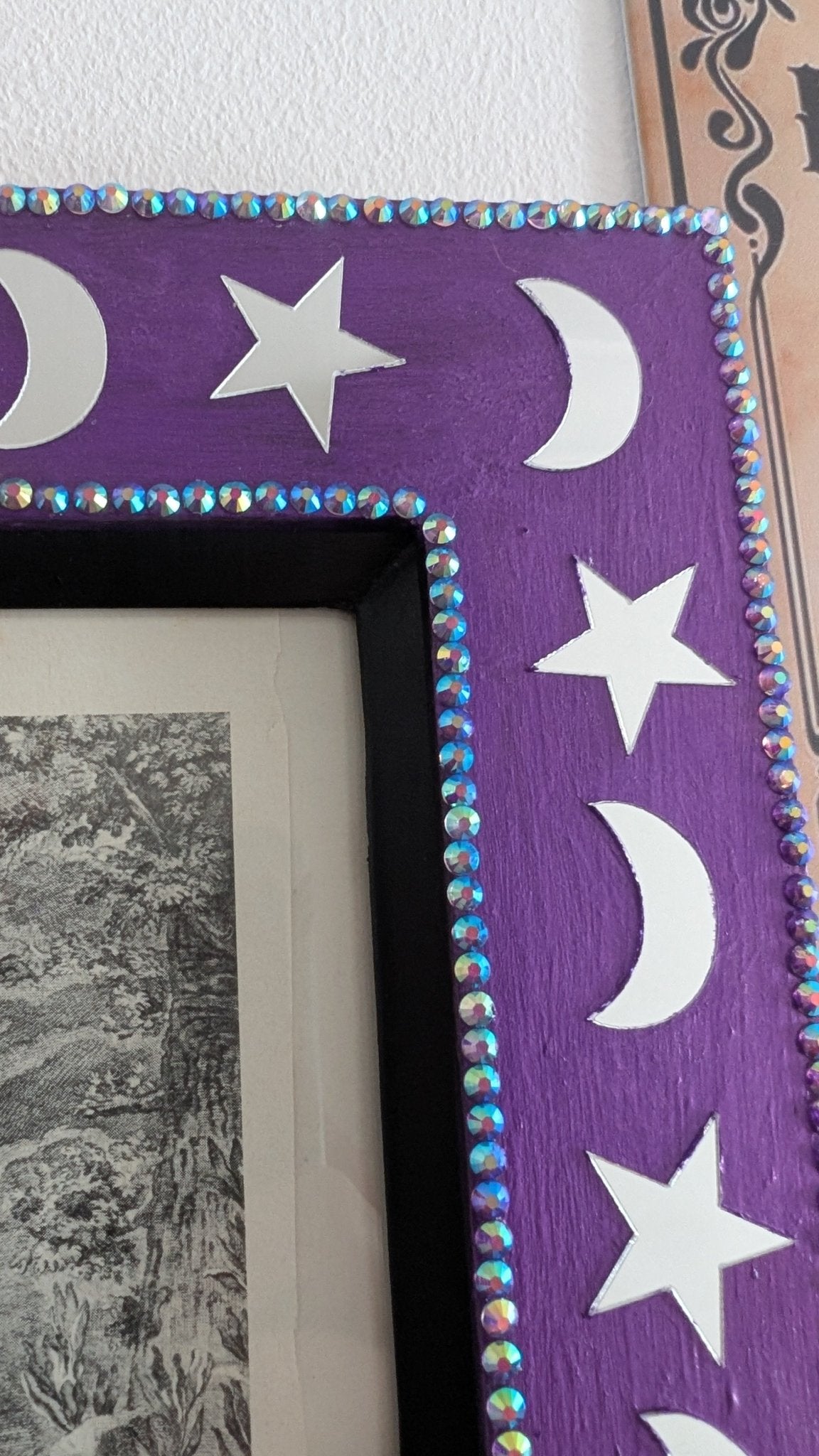 8 x 10" Portrait Wall Hanging Picture Frame. Hand Painted Metallic Purple and Embellished with Mirror Moon and Stars. Goth Home Decor Gift - Oh My Gothness