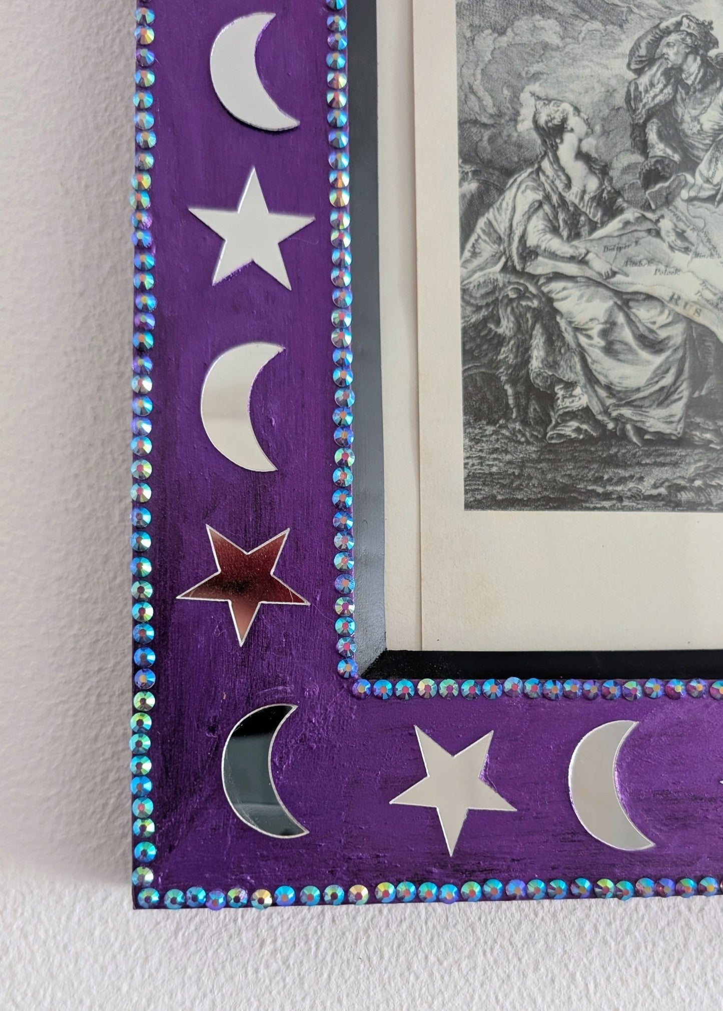 8 x 10" Portrait Wall Hanging Picture Frame. Hand Painted Metallic Purple and Embellished with Mirror Moon and Stars. Goth Home Decor Gift - Oh My Gothness